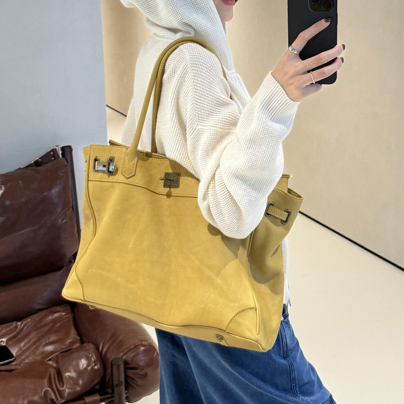Fk Berlin Tote Bag Vegetable-Tanned Leather Underarm Bag Casual Commuter Bag Lined with Cotton Canvas Large Capacity Shoulder Bag