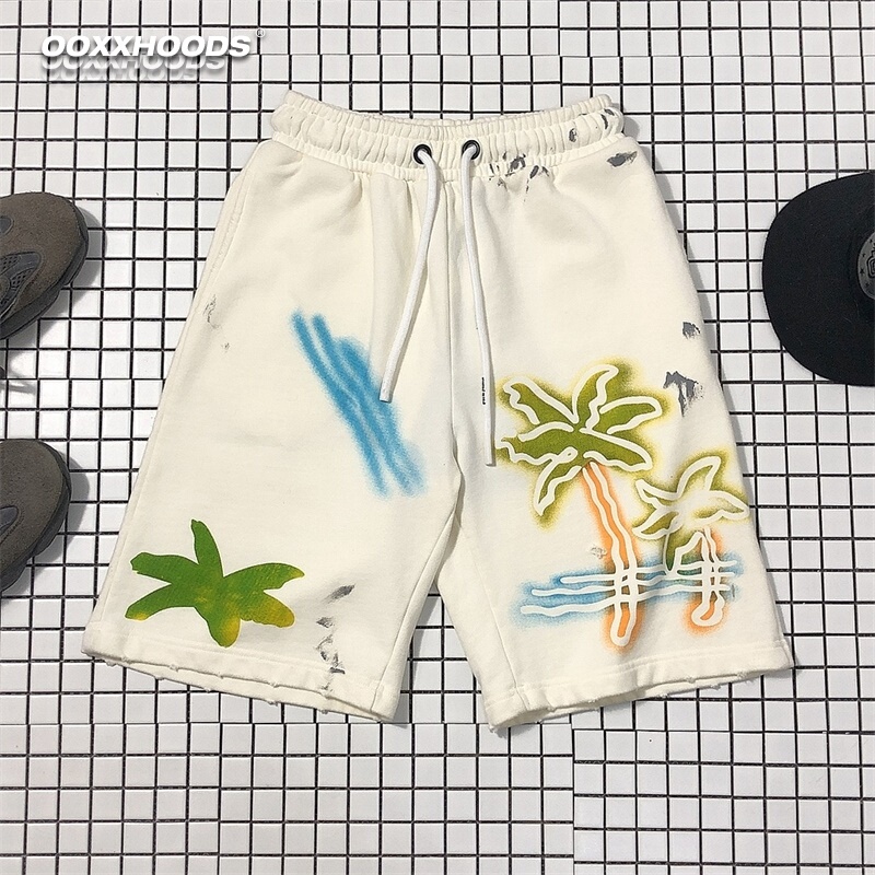Summer Beach Pants Pure Cotton Terry Thin Coconut Tree Neon Palm Dirty Sports Trendy Brand Angel Five-Point Pants