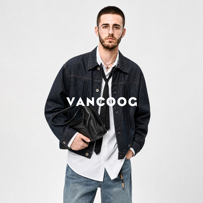 Vancoog Autumn American-Style Original Color Denim Pleated Denim Jacket with Lapel, Versatile Casual Short Jacket for Men Vancoog Autumn American-Style Original Color Denim Pleated Denim Jacket with Lapel, Versatile Casual Short Jacket for Men