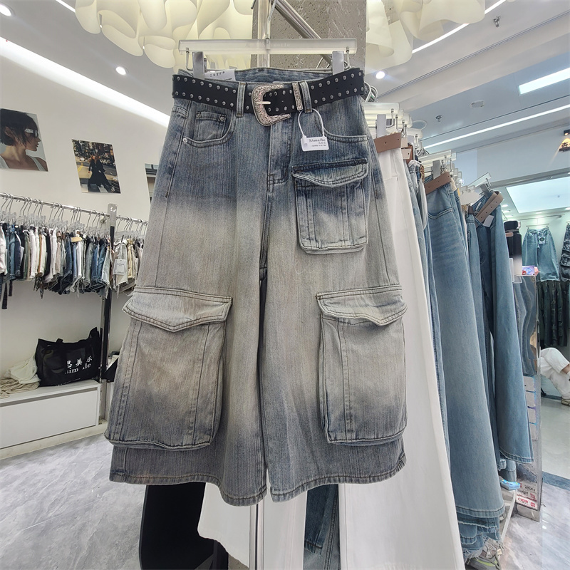 2026 Summer New Light Blue Workwear Denim Wide-Leg Pants for Women, Loose Fit, Slimming, Multi-Pocket Design, Niche Style