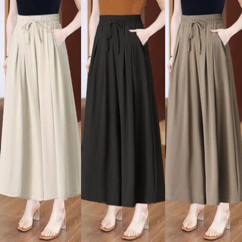 Chinese Style Culottes for Women, New Summer Thin Loose Fit, Mom's Seven-Point Nine-Point Pants, Ice Silk Wide-Leg Pants, Summer Middle-Aged Culottes