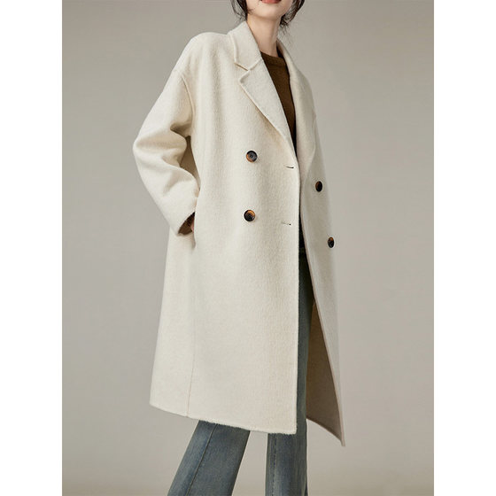 여성 가을, 겨울 하이 엔드 중간 길이 모직 모직 코트를위한 작은 흰색 양면 캐시미어 코트 상승