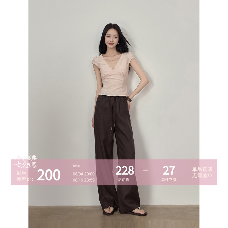 Trendy Petite Melard Coffee-Colored Pants, Tencel Linen Slimming Casual Pants, Summer Women's Thin Sickle Pants Trendy Petite Melard Coffee-Colored Pants, Tencel Linen Slimming Casual Pants, Summer Women's Thin Sickle Pants