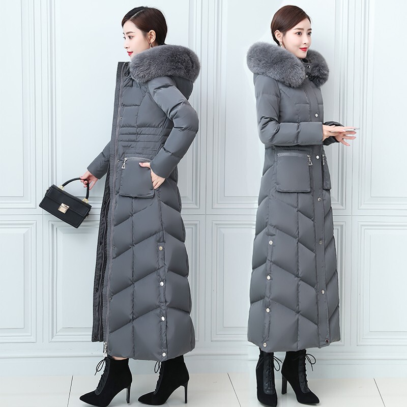 Fox Fur Collar, Ultra-Thick, New Slim-Fit, Extra-Long down Jacket for Women, White Duck Down, Length Extending from Knee to Ankle, Northeast