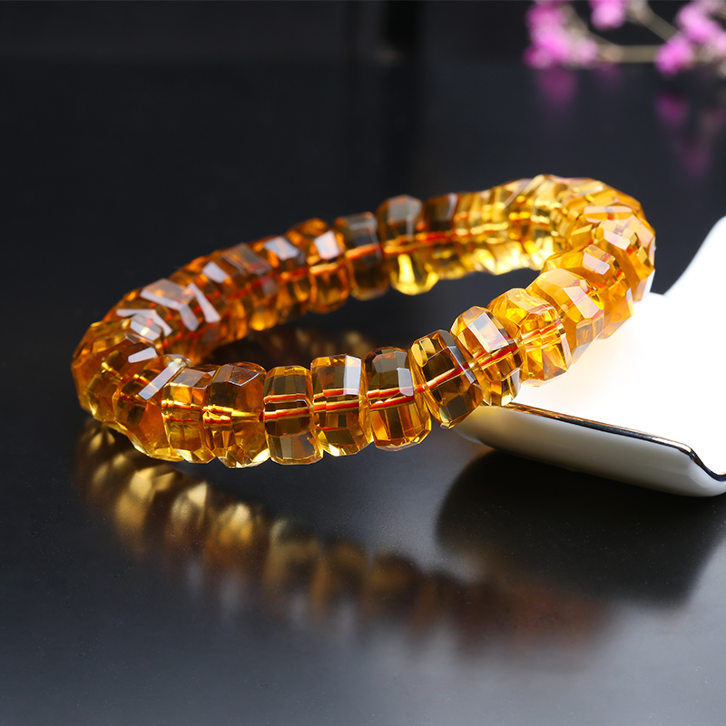 コレクションレベルのブラジル産天然イエロークリスタルブレスレット、ファセット加工の男女ホイールビーズ、不規則な付属ブレスレットギフト