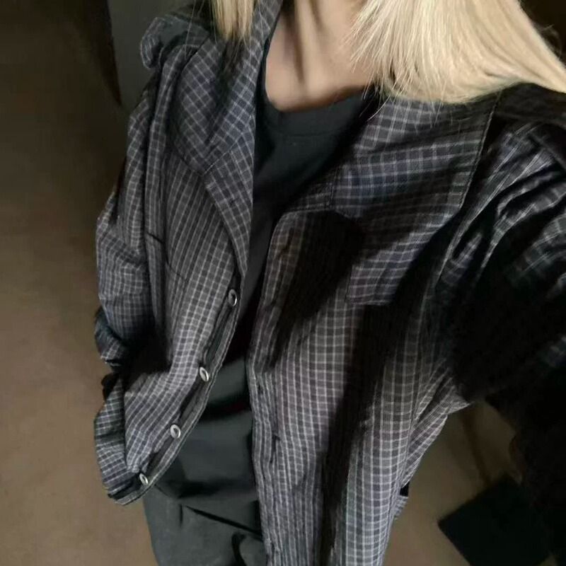 Shhhshh Original Korean-Style Adjustable Waist Buckle Retro Casual Plaid Three-Dimensional Cut Epaulette Long-Sleeve Shirt Shhhshh Original Korean-Style Adjustable Waist Buckle Retro Casual Plaid Three-Dimensional Cut Epaulette Long-Sleeve Shirt