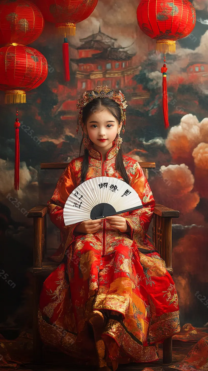图片[12]-红金华服少女扇舞迎春midjounney提示词、stable-diffusion-pormpt-天城私塾