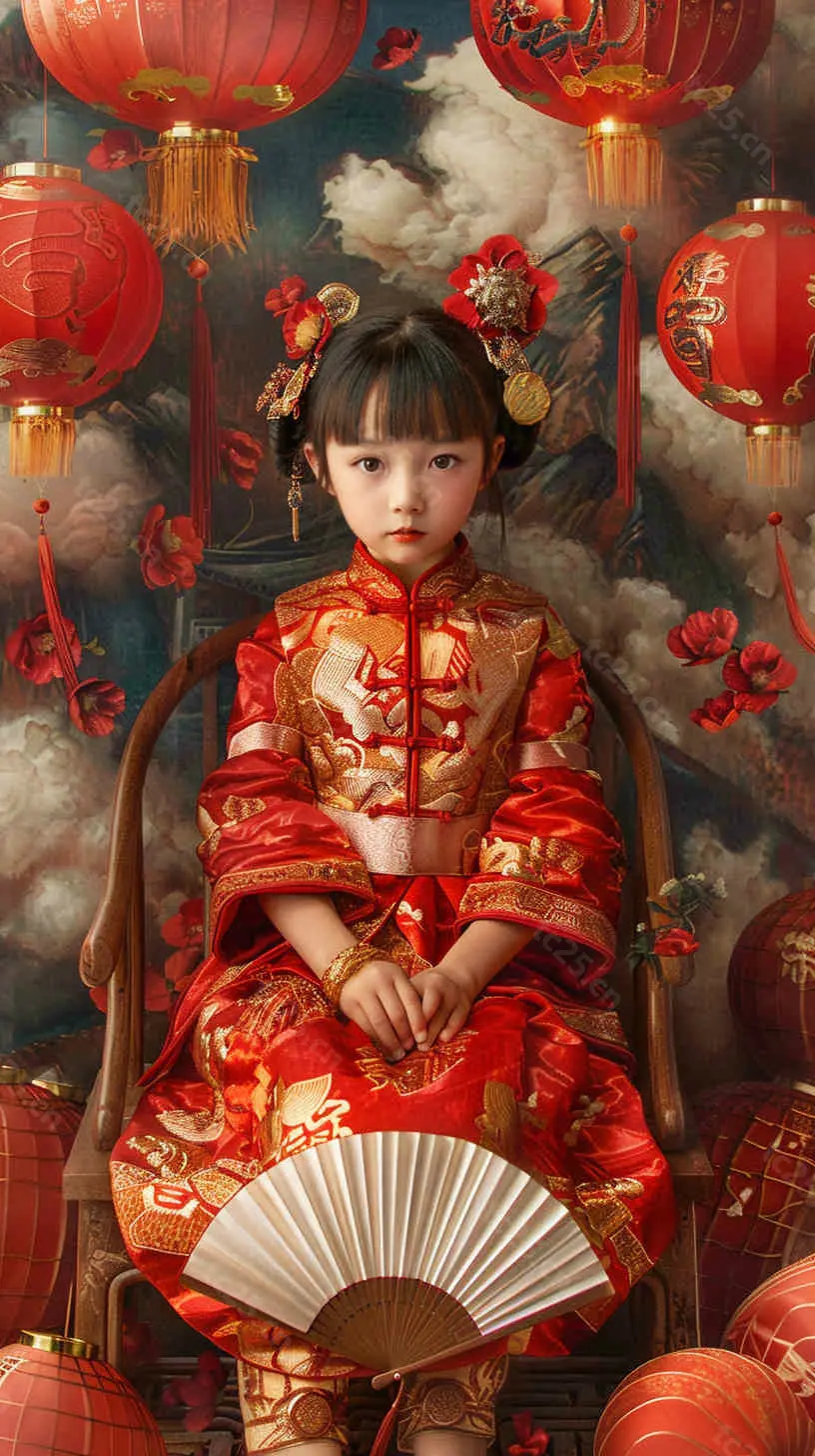 图片[4]-红金华服少女扇舞迎春midjounney提示词、stable-diffusion-pormpt-天城私塾