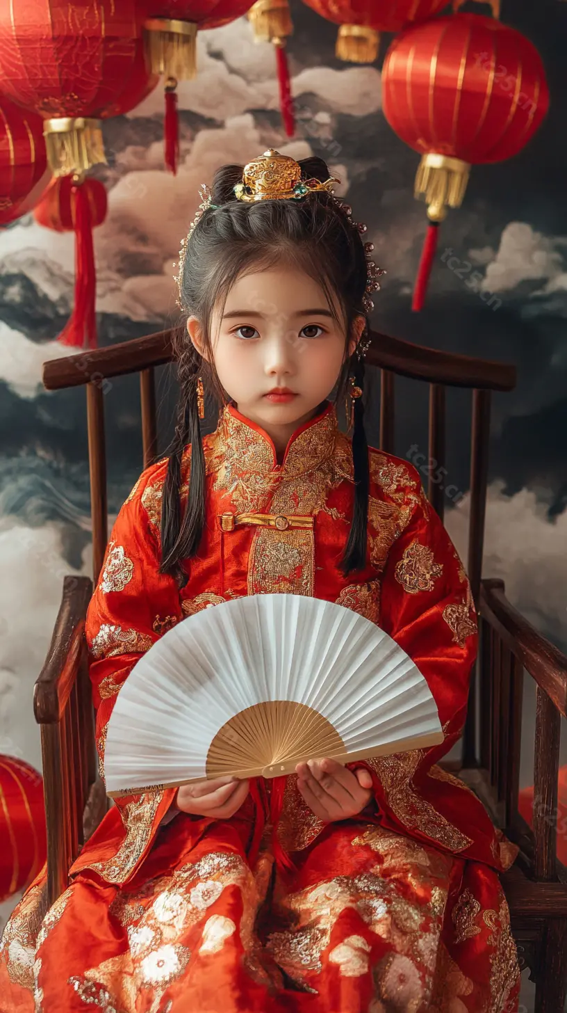 图片[10]-红金华服少女扇舞迎春midjounney提示词、stable-diffusion-pormpt-天城私塾