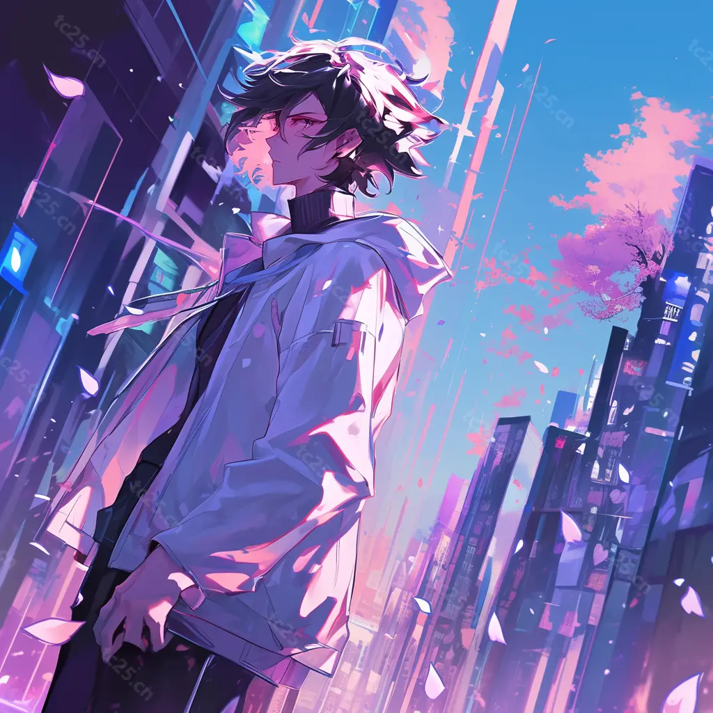图片[1]-夜城花雨霓虹下少年midjounney提示词、stable-diffusion-pormpt-天城私塾