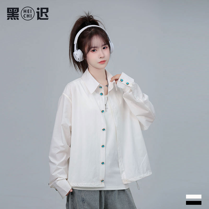 Original Hem Drawstring Long-Sleeved Turquoise Shirt for Men and Women, High-End Shirt, Summer Casual Versatile Jacket