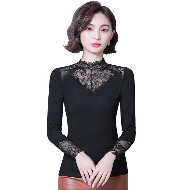 ເສື້ອຍືດ Modal lace, ຄໍຢືນ, ເສື້ອຢືດ velvet ຫນາ, ຊັ້ນໃນຊັ້ນໃນ, slim fit, ເສື້ອ hollow ຫຼາກຫຼາຍຊະນິດ, ແຂນຍາວສໍາລັບແມ່ຍິງ