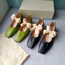 Super comfortable ~ niche GRAY Matters leather square head single shoes womens retro bow ballet high heels