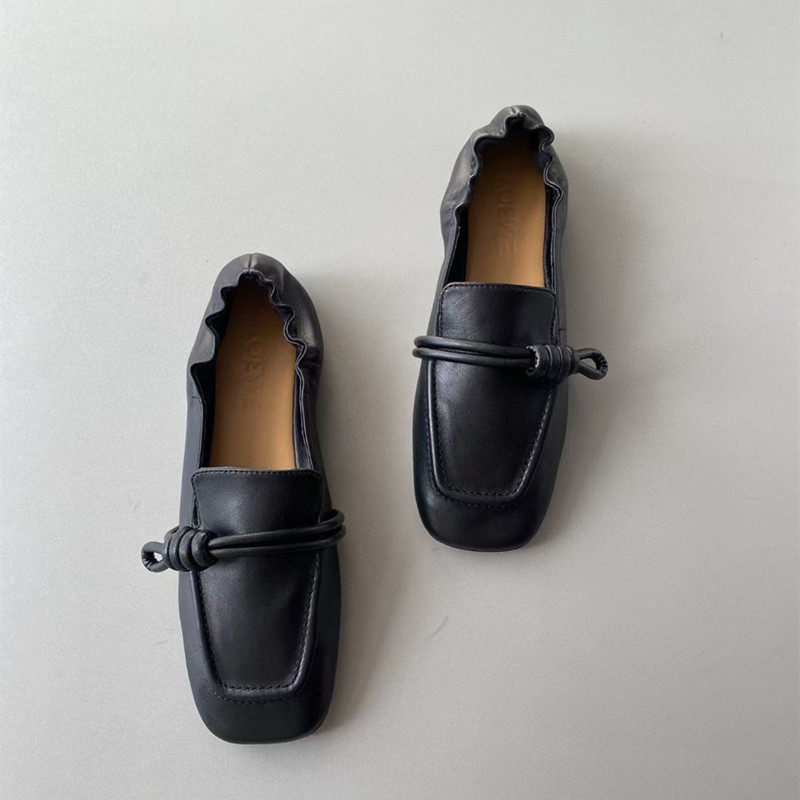 Strong push model, comfortable and fashionable square-toed loafer shoes, elastic rear bag design, leather soft-soled flat shoes