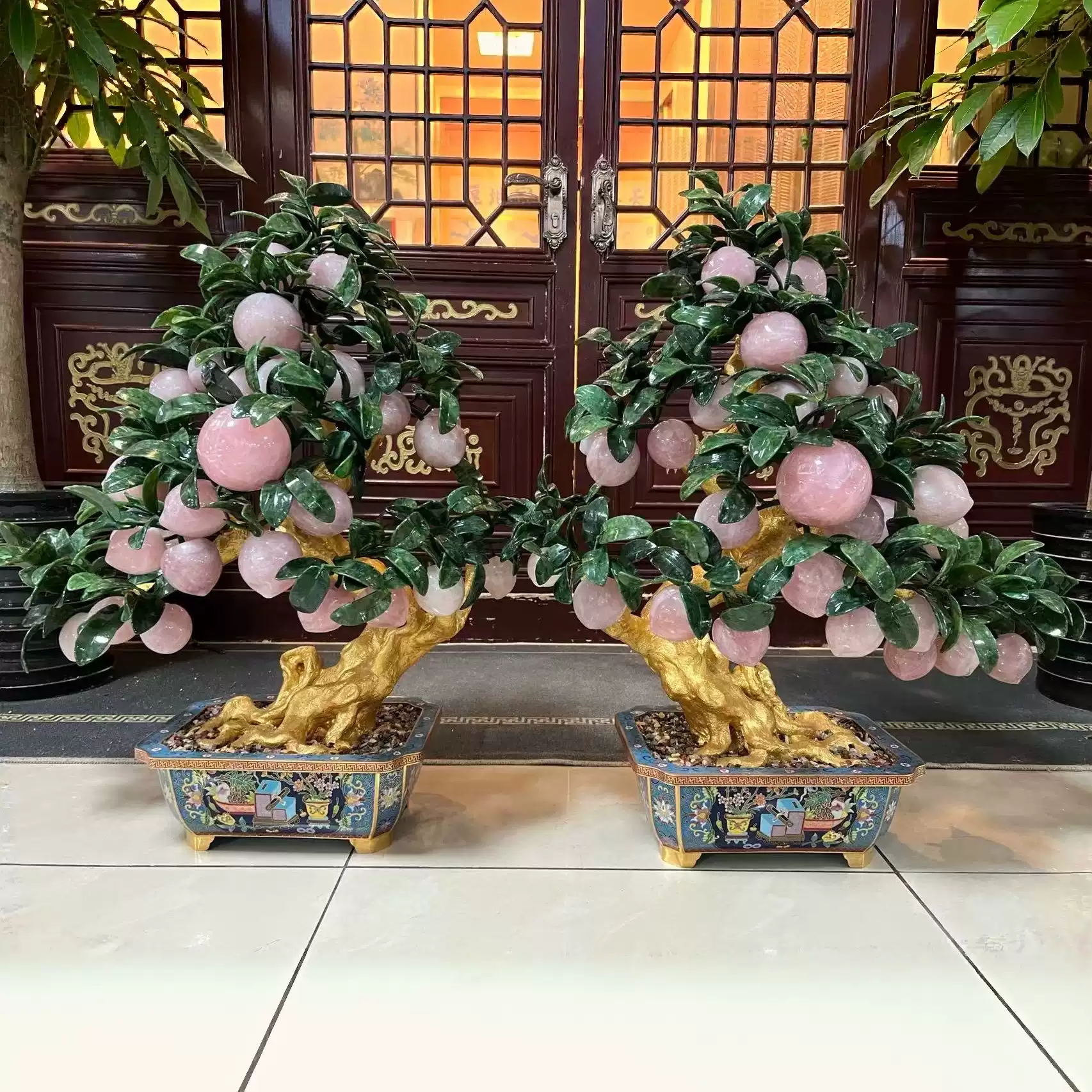清中期景泰蓝玉石盆景宝石花牡丹收藏送礼送领导送长辈节日礼物-淘宝