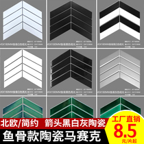 Nordic style fishbone ceramic mosaic tiles Arrow ice crack black and white dark green kitchen bathroom balcony wall tiles