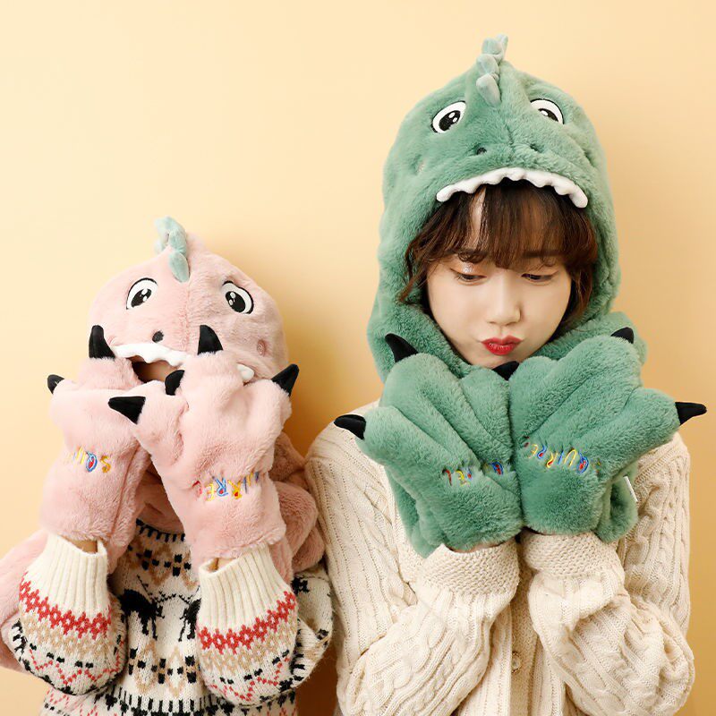 Dinosaur hat and scarf all-in-one winter children's ear protection warm cute boy and girl baby plush gloves three-piece set