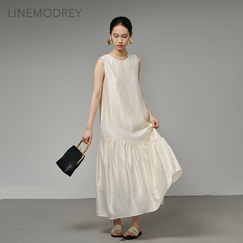 Lanxu Linemodrey White Cool Sleeveless Vest Dress for Women, Summer High-End A-Line Long Dress