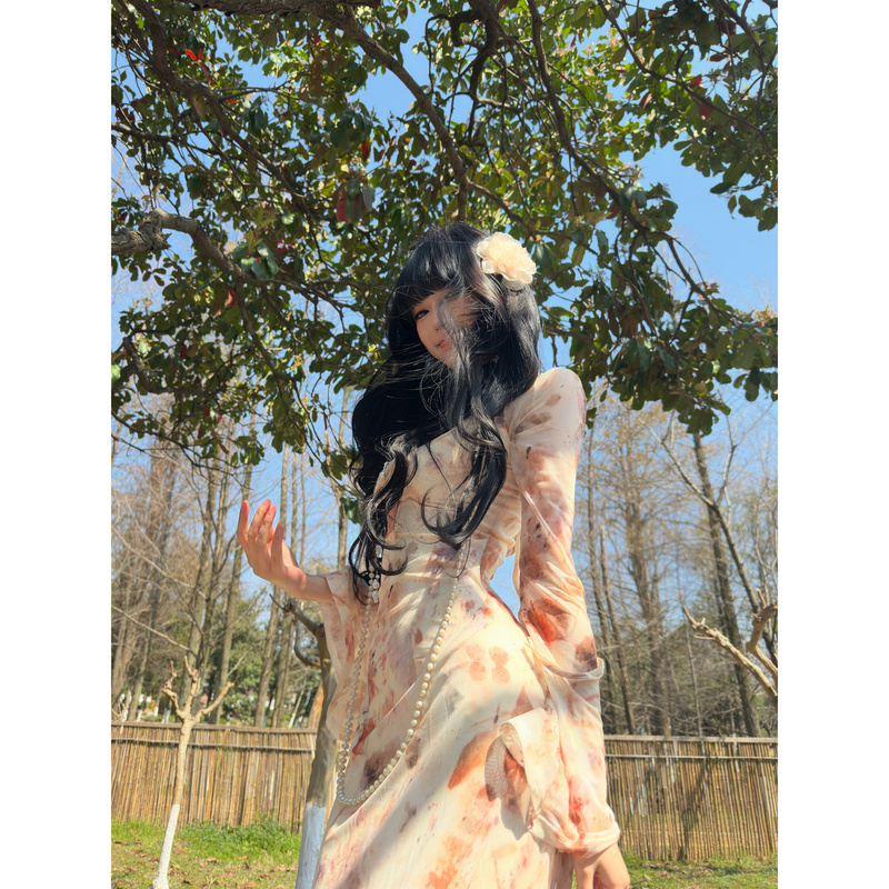 Sexy Pure Desire Hot Girl Mesh Printed Dress Women's Spring and Summer Waist Slimming Elegant V-Neck Floral Long Dress