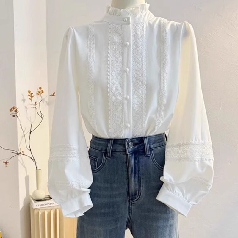 French-Style High-End Lace Patchwork Ruffled Stand-Up Collar Shirt for Women, Spring and Autumn, Chic and Unique Lantern Sleeve Lace Blouse