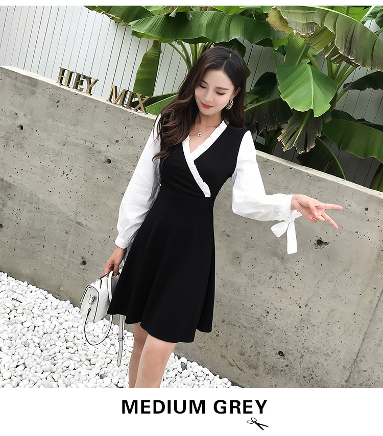 VK旗艦店 韓國風拼接V領氣質蝴蝶結袖口長袖洋裝