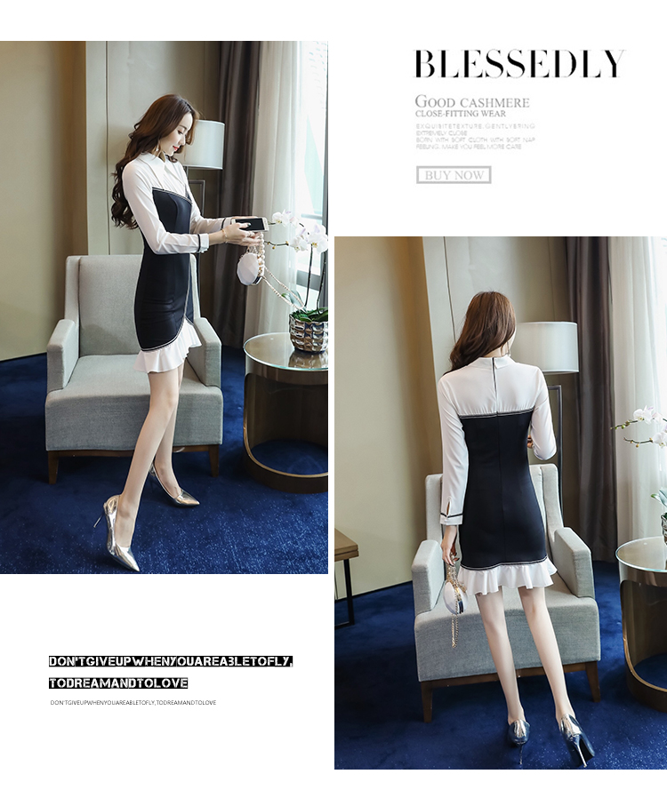 VK旗艦店 韓系襯衫拼接修身魚尾性感黑白撞色長袖洋裝