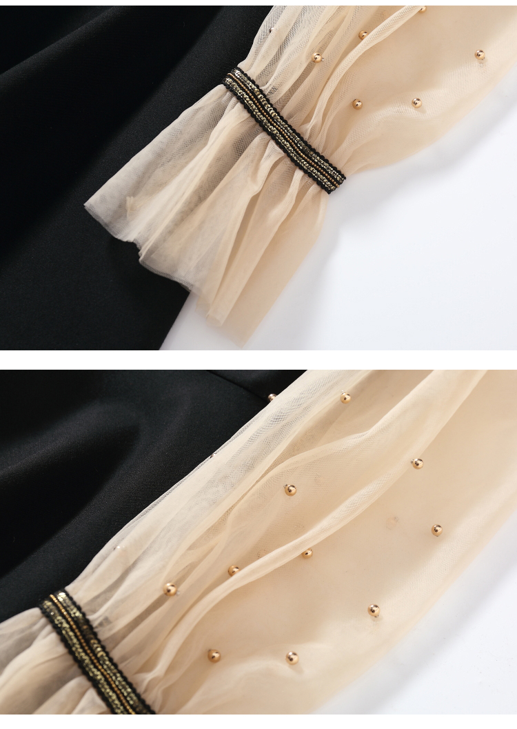 DABI 韓系網紗拼接荷葉袖釘珠一字領禮服長袖洋裝 DABI 韓系網紗拼接荷葉袖釘珠一字領禮服長袖洋裝