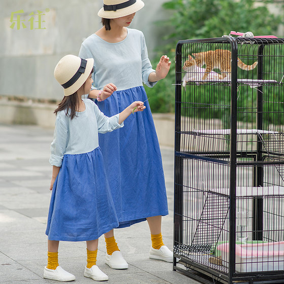 小乐往亲子装423课夏新棉麻连衣裙女大童公主装母女装度假出游