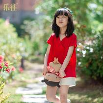 Xiaole to travel suit Seaside vacation summer cotton home clothes Childrens clothing can go out retro literature and art mother and daughter parent-child clothing