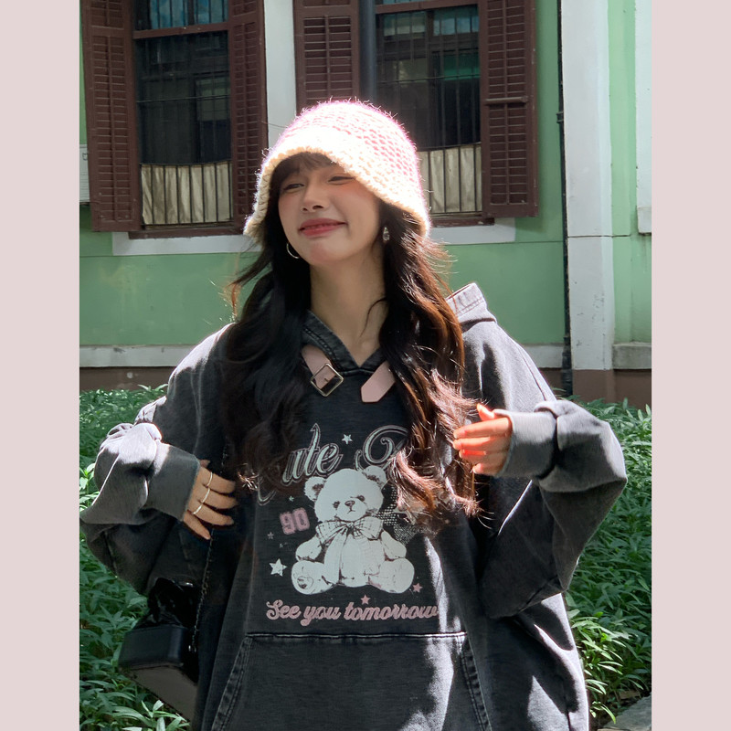 [American Bear Team] Original Bear Print Salt-Washed Black Oversized Loose Hooded Terry Sweatshirt for Autumn and Winter