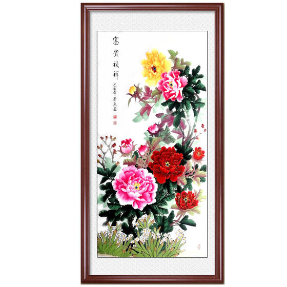 Hand-painted peonies, traditional Chinese paintings, flowers blooming, wealth and nine fish pictures, living room, entrance, entrance corridor, aisle, vertical version decorative painting, hanging picture