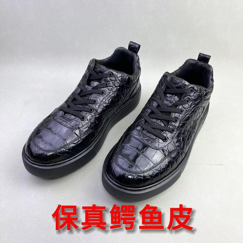 Authentic Crocodile Leather Handmade Sneakers for Men, Versatile Trendy Shoes, Genuine Leather, Breathable, Comfortable, Lace-Up, Flat Casual Shoes