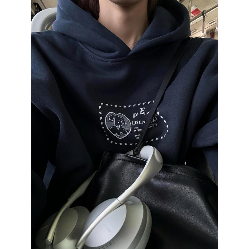 Sakura Mado Puppy-Themed Fun Print Navy Blue Hooded Sweatshirt, Casual and Stylish Fleece Pullover Top Sakura Mado Puppy-Themed Fun Print Navy Blue Hooded Sweatshirt, Casual and Stylish Fleece Pullover Top