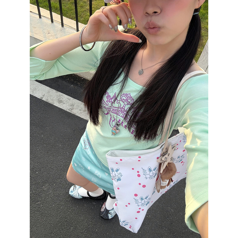 Sakura Mado Summer Vintage Flavor~ Mint Green Crown Ruffle Trim Regular Shoulder Three-Quarter Sleeve T-Shirt Slim Fit Short Top for Women