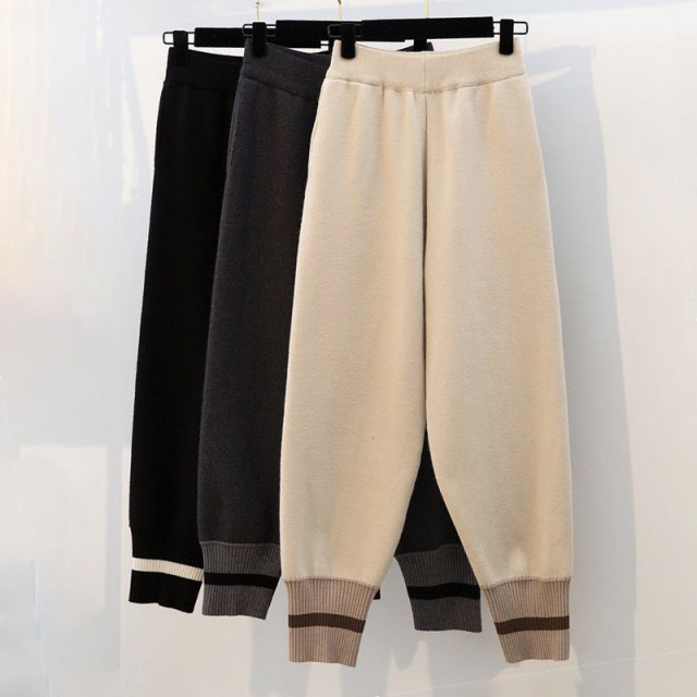 Knitted pants women's autumn and winter large size loose carrot pants high waist slimming feet nine points grandma pants sports harem pants trendy