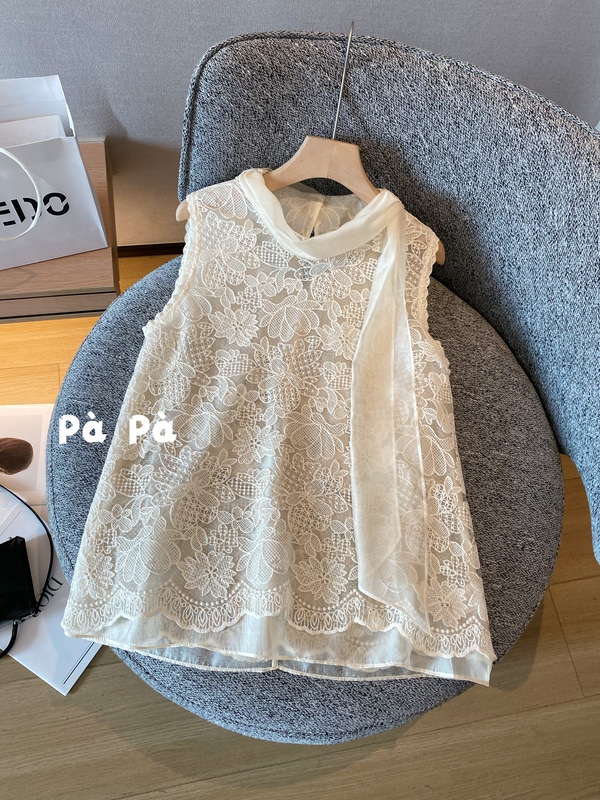 Romantic Ribbon Lace Embroidered Crochet Blouse for Women, Summer Double-Layer Sleeveless Mesh Vest Top