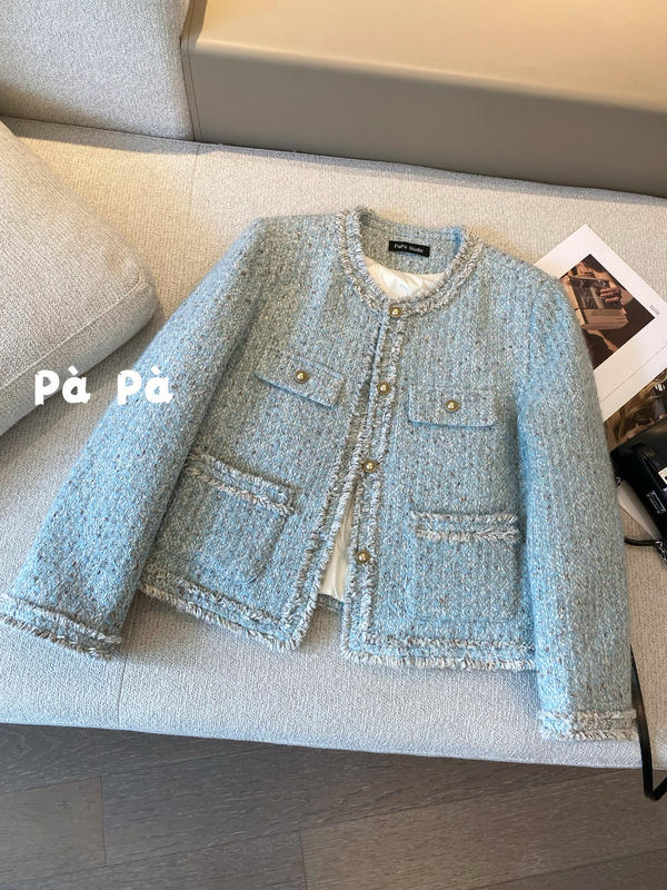 Light Blue Down-Lined Tweed Coat for Women, Winter Thickened Warm Tweed Woven Blazer