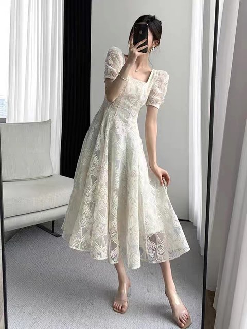 Plus size women's square collar dress women's 2022 summer new high-end sense French retro gentle style organza dress