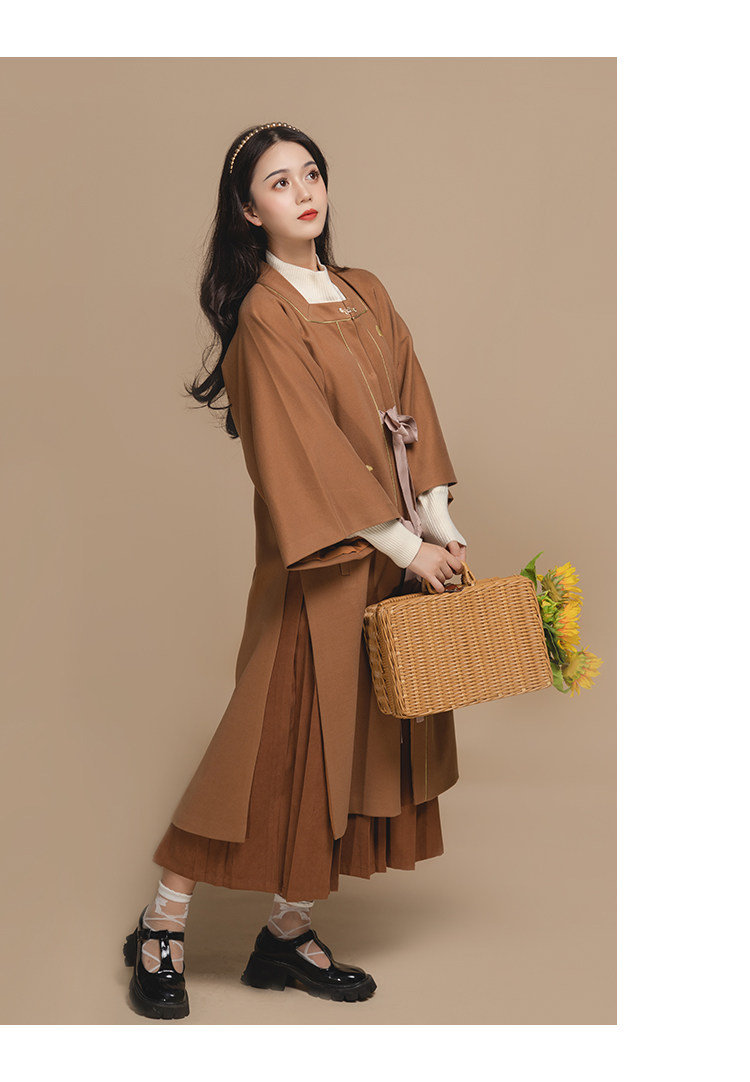 Китайцы одежда наборы 花朝记【未施粉墨栗】汉服方领对襟半袖披袄工字褶半身裙汉元素秋