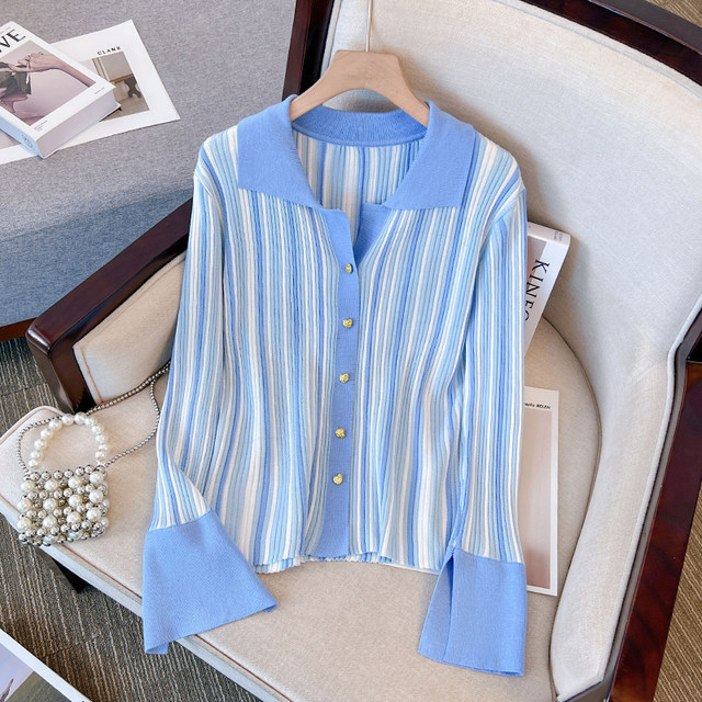 Large size fat mm striped lapel long-sleeved sweater 2023 autumn and winter new fashion high-end temperament thin top