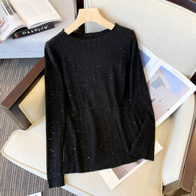 Large size fat mm round neck long-sleeved knitted bottoming shirt 2023 autumn and winter new retro foreign style cover meat thin top women