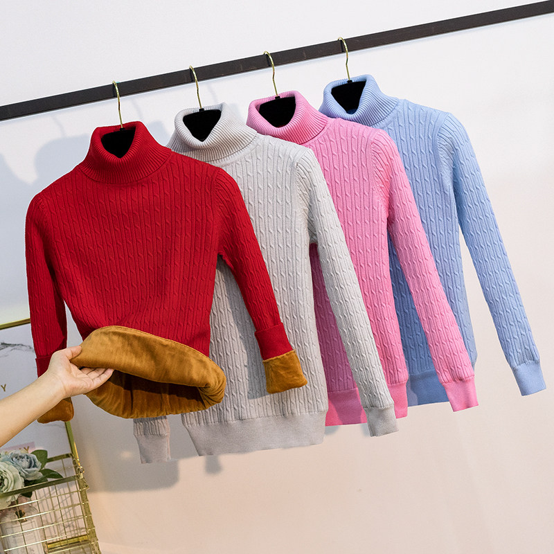 Plus velvet thick sweater women's high-neck twist bottoming tight-fitting knitted sweater winter women's warm clothes top