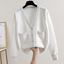 Knitted cardigan womens sweater jacket foreign atmosphere Joker small incense woven Ice Silk spring and autumn pocket white outer wear shawl