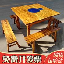 Pine Wood Hotpot Table Fire Pot Shop Gas Cooker Hotel Small Square Table Solid Table Solid Wood Bench Barbecue Table Rectangular Table Long Table Large Row Table