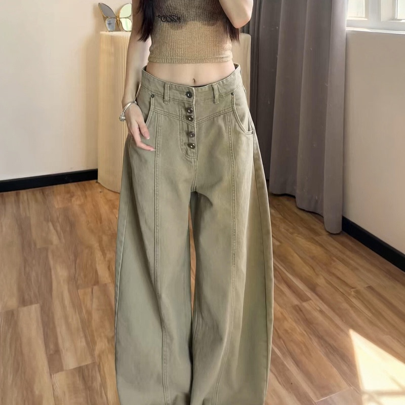 Khaki Wide-Leg Cargo Jeans for Women, Plus Size, Summer Thin Style, Slimming High-Waisted Loose Scimitar Pants for Curvy Women Khaki Wide-Leg Cargo Jeans for Women, Plus Size, Summer Thin Style, Slimming High-Waisted Loose Scimitar Pants for Curvy Women