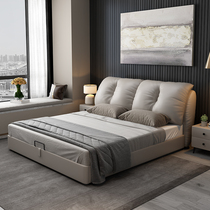 Nordic design square genuine leather double soft bed combined pole minimalist modern master bedroom 1 8 m large wedding storage bed