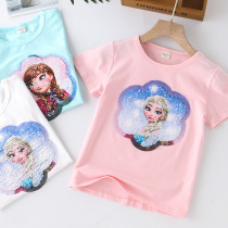 Frozen Elsa Princess Childrens Clothes Girls Baby Short-sleeved T-Shirt Summer Cotton Sequins Comfortable Anna Tops