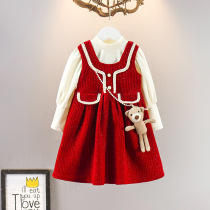 Girls dress autumn winter corvester vest dress suit children red New Year dress festive princess