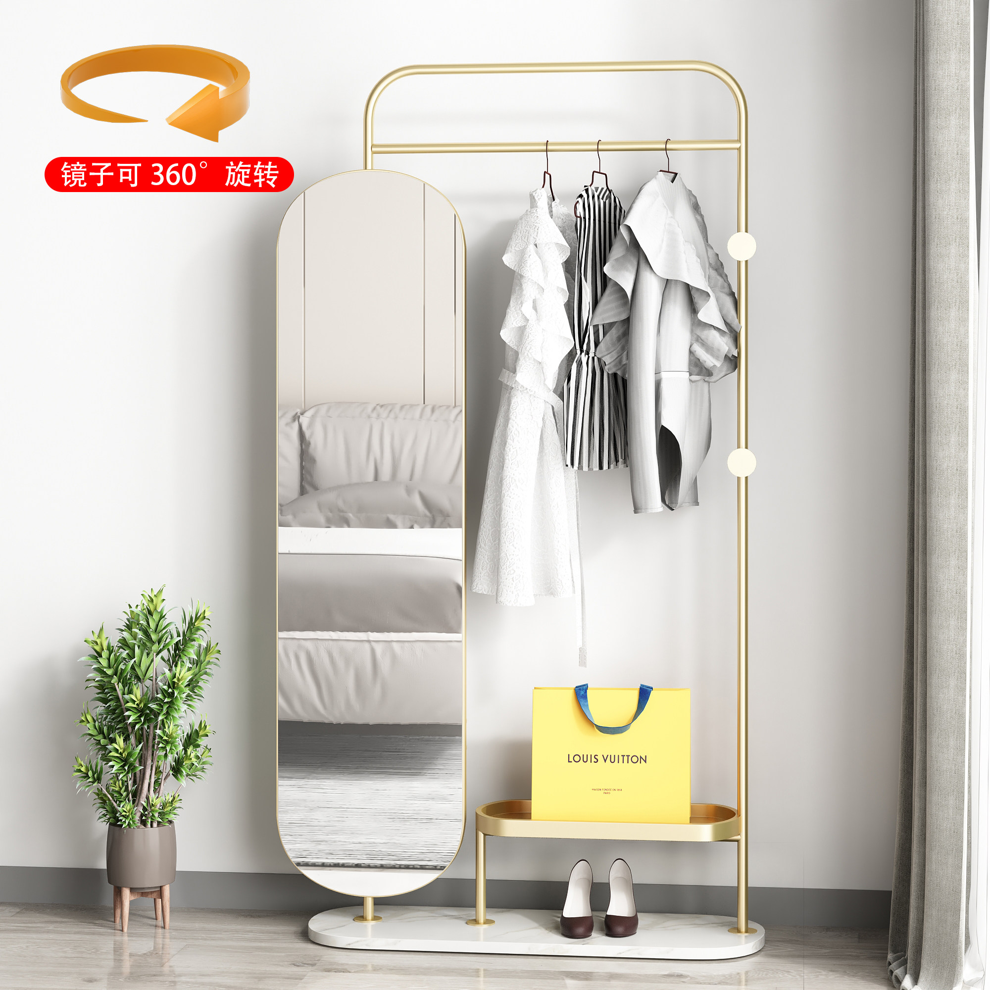 Floor-to-ceiling full-body mirror Three-dimensional rotating storage coat rack Mirror One-piece net Red clothing store makeup mirror Full-body mirror