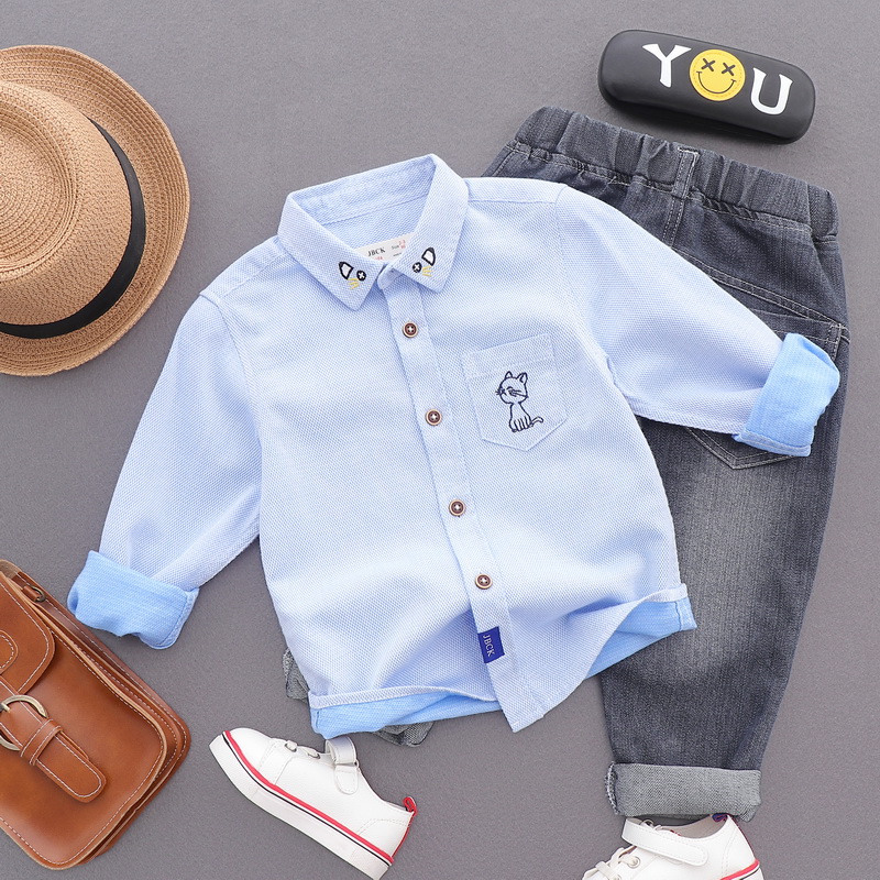 Áo sơ mi nam cotton 18 mùa xuân và mùa thu trẻ em mặc cho trẻ em cotton dài tay áo sơ mi hoạt hình áo sơ mi giản dị áo bé trai
